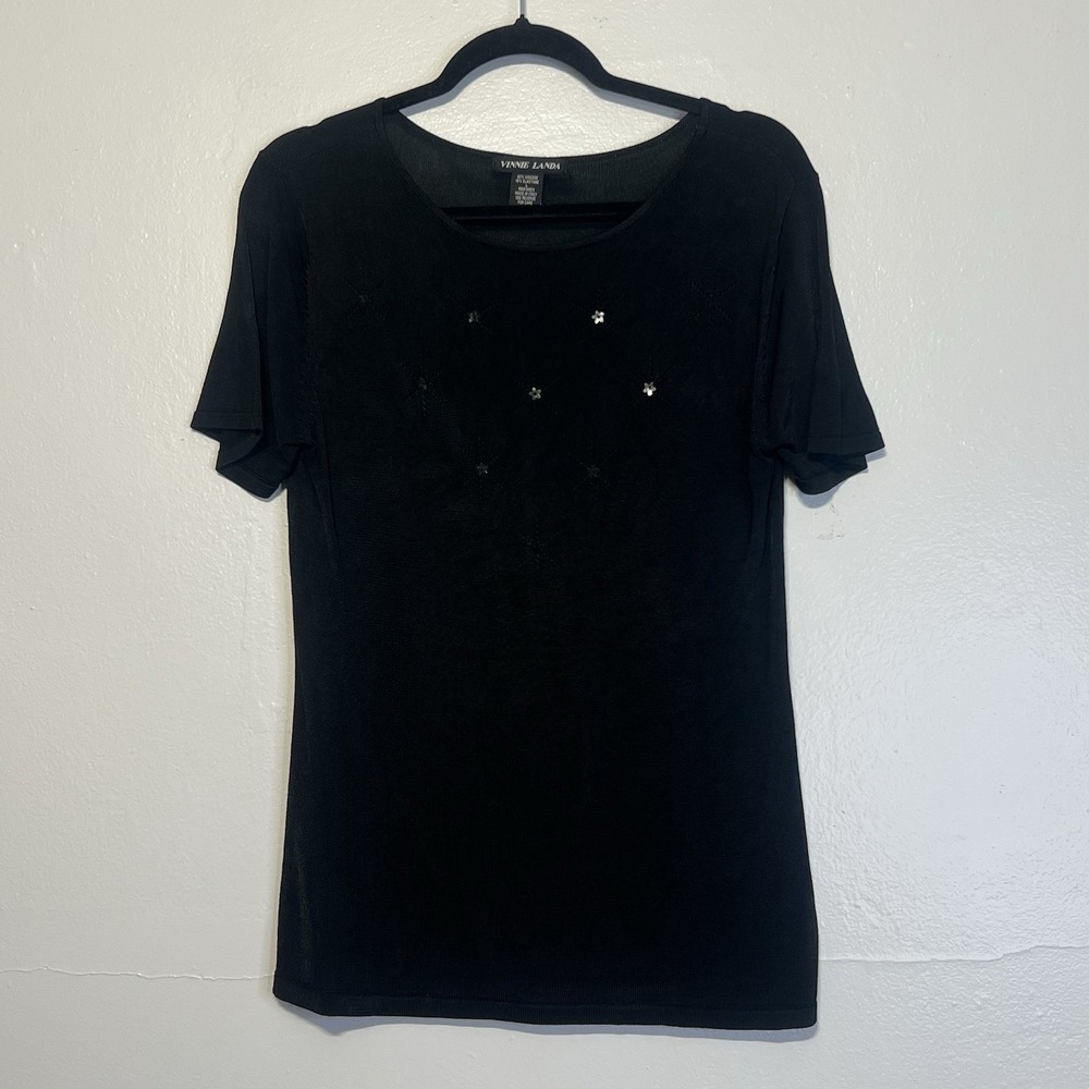 Vinnie Landa Top Italy Womens Sz L Black Short Sleeve Stars Beaded Jersey Knit